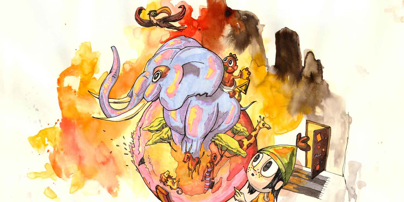 Børnebogsillustration med jordklode elefant og figur tegnet med tusch og akvarel