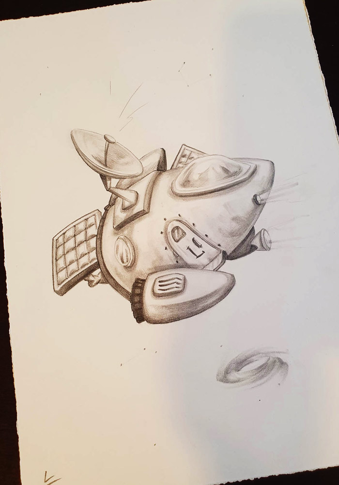 Personlig tegning på bestilling lavet med blyant der forestiller rumskib
