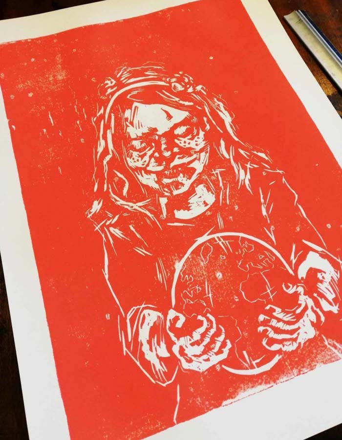 En del af det endelige træsnit i rød farve